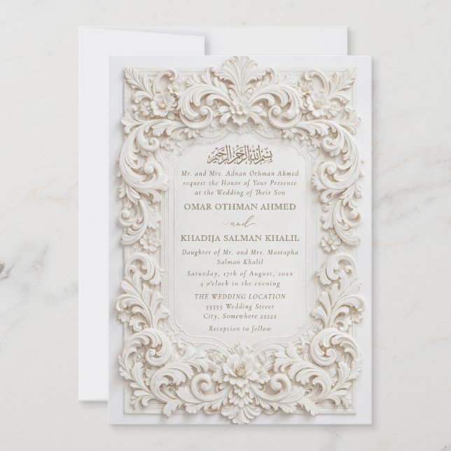 Convite Elegante Quadro Barroco Branco Clássico Casamento  (Frente)