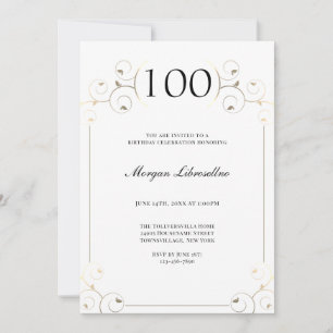 Convite Elegante Quadro Branco Dourado 100º Aniversário