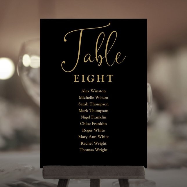 Convite Elegante Quadro de Assentos Preto e Dourado Número (Elegant Black And Gold Seating Chart Table Number)