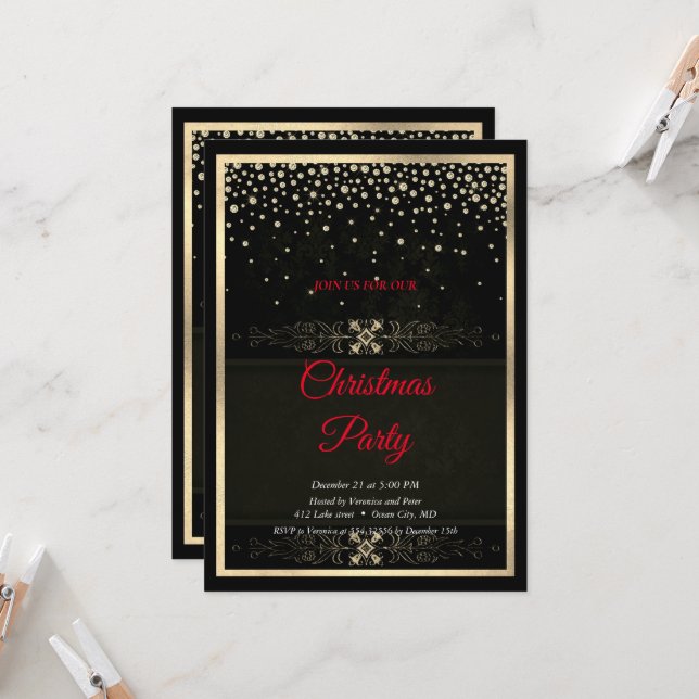 Convite Elegante Quadro de Diamantes Pretos de Natal (Frente/Verso In Situ)