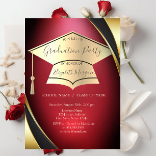 Convite Elegante Quadro de Formatura em Ouro Capelo Vermel
