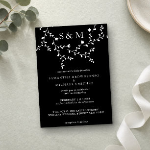 Convite Elegante Quadro de Monograma Floral em Preto e Bra