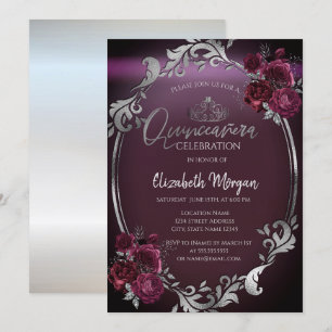 Convite Elegante Quadro de Prata Rosas Borgonha Quinceañer