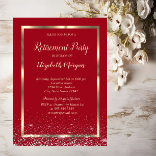 Convite Elegante Quadro Dourado Confete Vermelho Aposentad