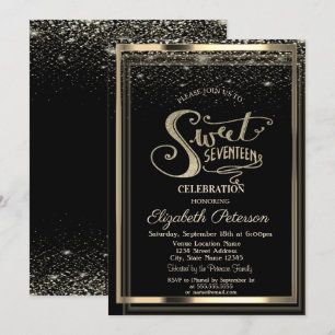 Convite Elegante Quadro Dourado Confetes Aniversário de 17