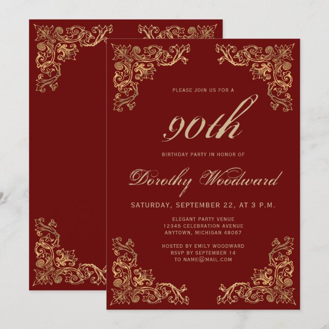 Convite Elegante Quadro Dourado Festa de Aniversário Burgu (Frente/Verso)