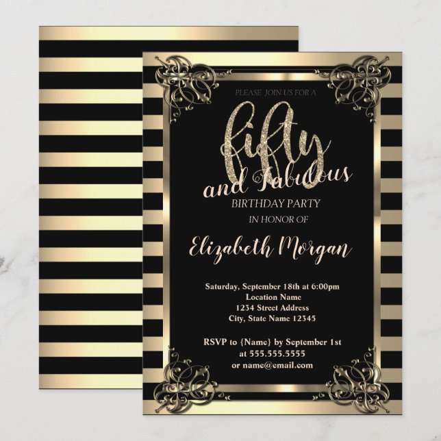 Convite Elegante Quadro Dourado,Listras Festa de Aniversár (Frente/Verso)