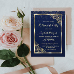 Convite Elegante Quadro Festivo Dourado Aposentadoria Azul
