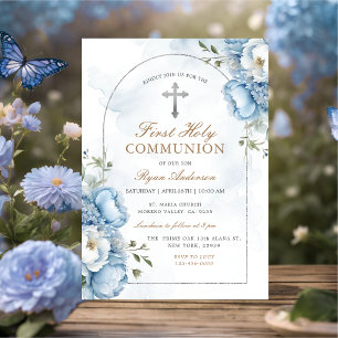 Convite Elegante Quadro Floral Azul Primeira Comunhão