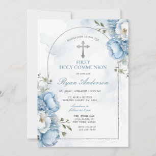 Convite Elegante Quadro Floral Azul Primeira Comunhão