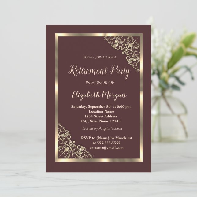 Convite Elegante Quadro Floral Dourado Aposentadoria Marro (Em pé/Frente)