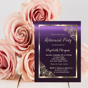 Convite Elegante Quadro Floral Dourado Aposentadoria Roxa