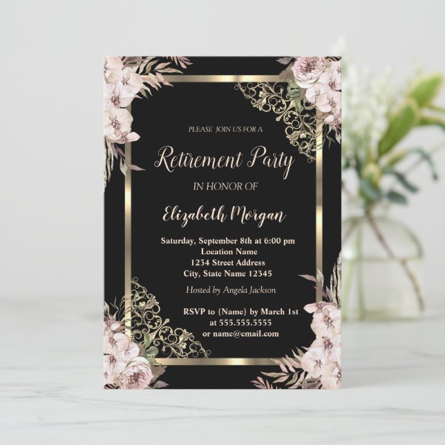 Convite Elegante Quadro Floral Dourado Flores Boho Aposent (Em pé/Frente)