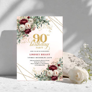 Convite Elegante Quadro Floral Dourado Marsala para 90º An