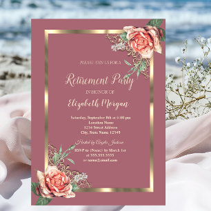 Convite Elegante Quadro Floral Dourado Rosas Aposentadoria