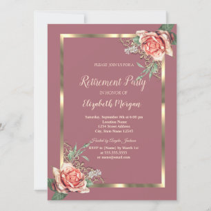 Convite Elegante Quadro Floral Dourado Rosas Aposentadoria
