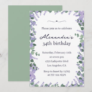 Convite Elegante Quadro Floral Lavanda 34º aniversário