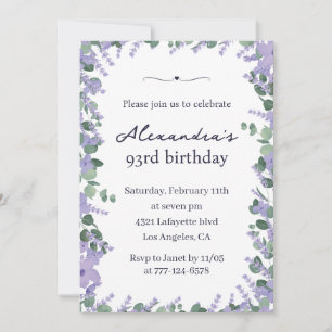 Convite Elegante Quadro Floral Lavanda 93º aniversário