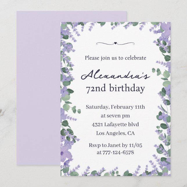 Convite Elegante Quadro Floral Lilás Roxo 72º aniversário (Frente/Verso)