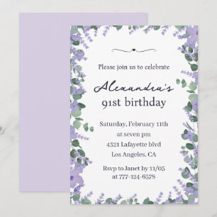 Convite Elegante Quadro Floral Lilás Roxo 91º aniversário