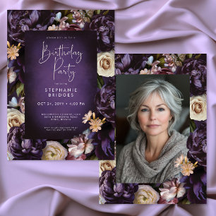 Convite Elegante Quadro Floral Roxo Festa de Aniversário