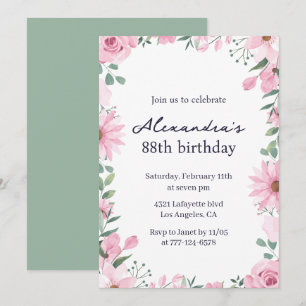 Convite Elegante Quadro Floral Verde Rosa 88º aniversário