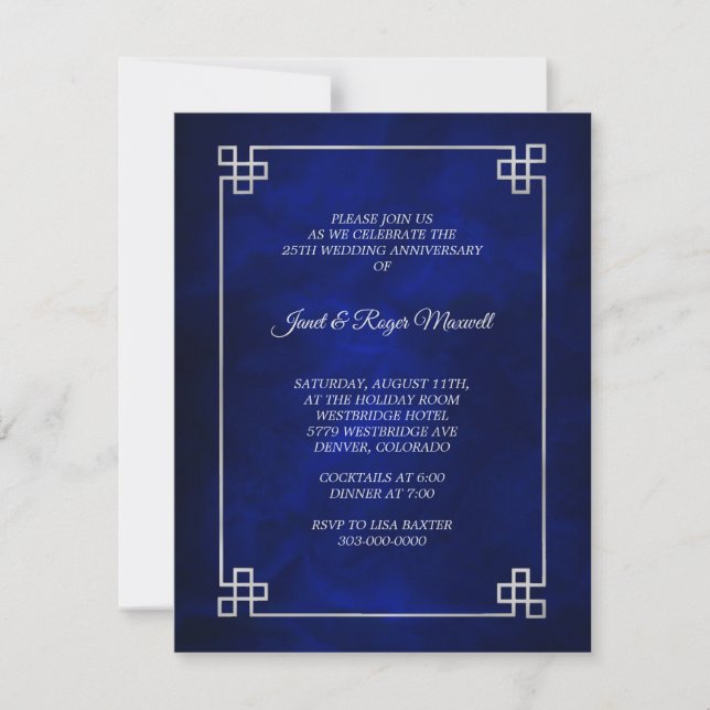 Convite Elegante Quadro Prata Azul Aniversário de Bodas de (Frente)