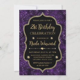 Convite Elegante Quadro Vintage com Brilho Roxo Aniversári