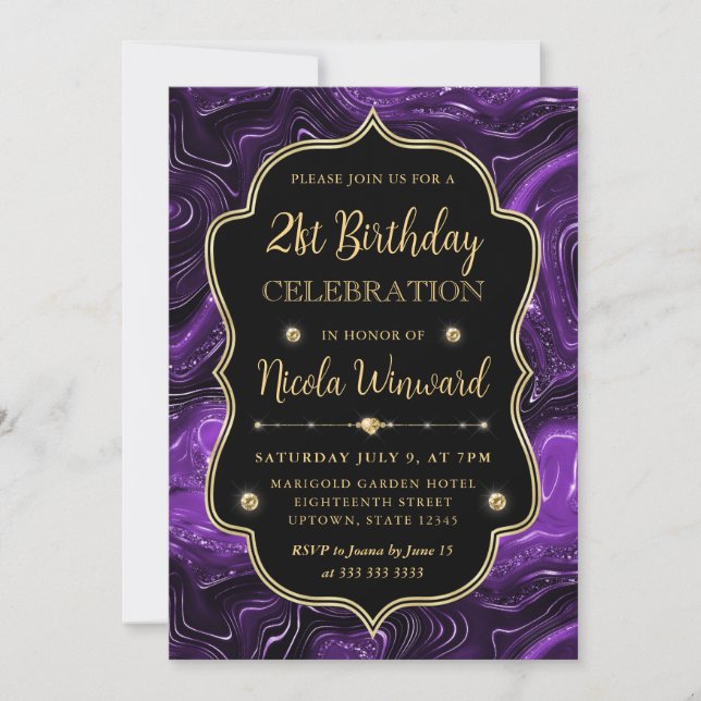Convite Elegante Quadro Vintage com Brilho Roxo Aniversári (Frente)