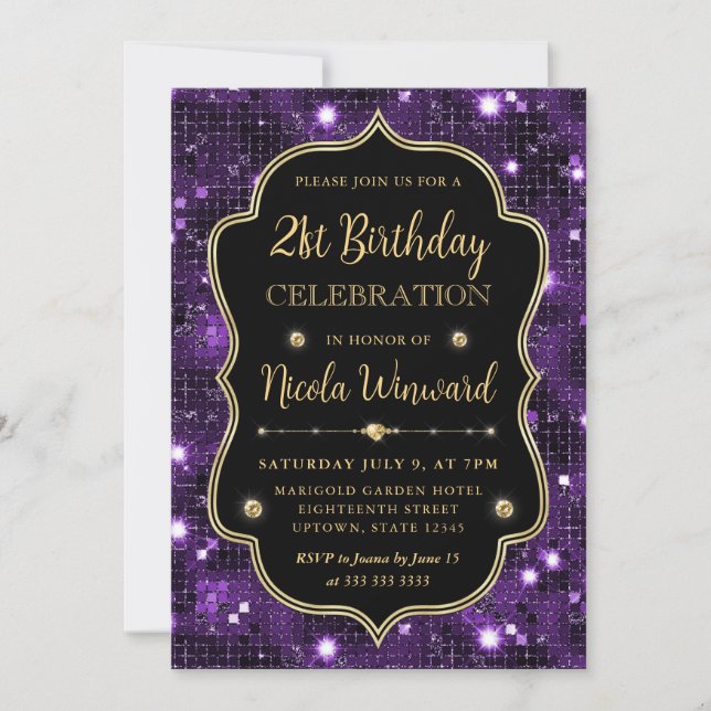 Convite Elegante Quadro Vintage com Brilho Roxo Aniversári (Frente)