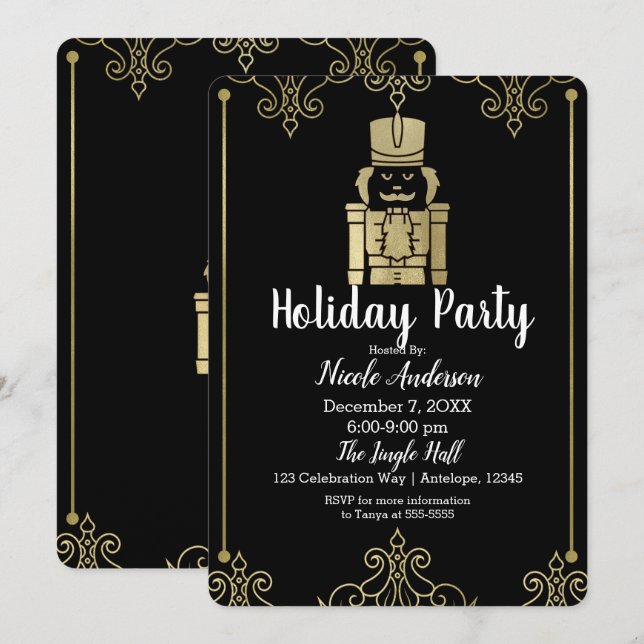 Convite Elegante quebra-nozes dourado e preto para festa d (Frente/Verso)