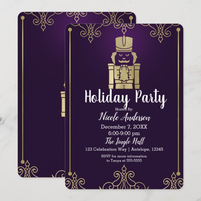 Convite Elegante Quebra-Nozes Dourado Roxo Festa de Fim de (Frente/Verso)
