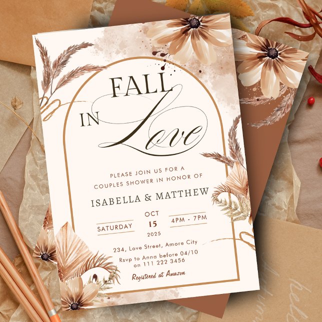 Convite Elegante queda em Casais de amor Chá de casamento  (Elegant Fall in Love Couples Boho Wedding Shower Invitation)