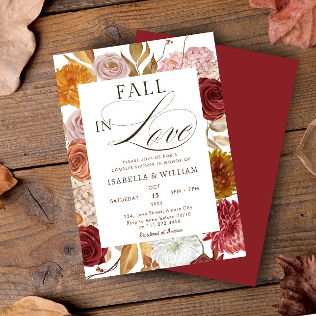 Convite Elegante queda no Casal Floral do Amor (Elegant Fall in Love Couples Wedding Shower Invitation)