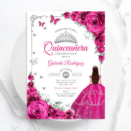 Convite Elegante Quic Fuchsia Rosas Rosa Quinceanera Flora
