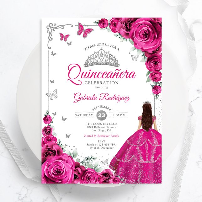 Convite Elegante Quic Fuchsia Rosas Rosa Quinceanera Flora (Criador carregado)