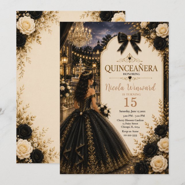 Convite Elegante Quince Preto e Dourado (Frente/Verso)
