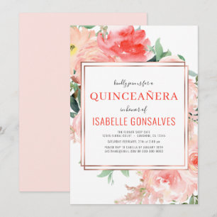 Convite Elegante QUINCEAÑERA Aquarela Floral Coral Rosa