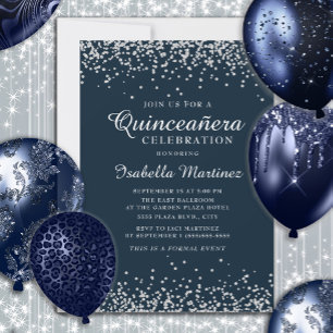 Convite Elegante Quinceañera Azul Marinho com Confetes de 