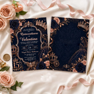 Convite Elegante Quinceañera Azul Marinho com Glitter Dour