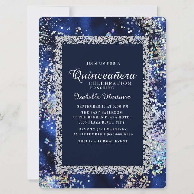 Convite Elegante Quinceañera Azul Marinho Dourado Prata La (Frente)