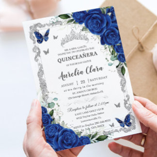 Convite Elegante Quinceañera Azul Real Floral Vintage Prat