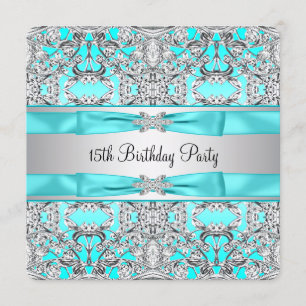 Convite Elegante Quinceanera Azul Turquesa Prata