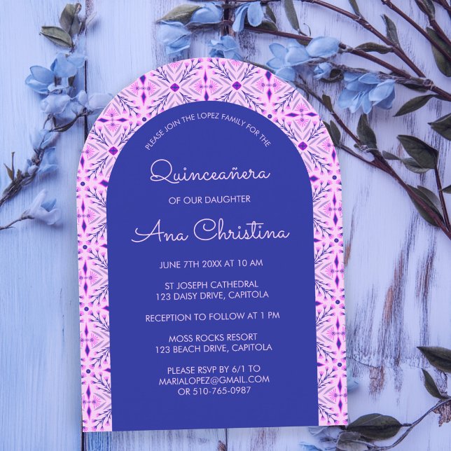 Convite Elegante Quinceañera Azulejo Moderno de Chic Boho (Elegant Modern Chic Boho Tile CUSTOM Quinceañera Arched Invitation
)