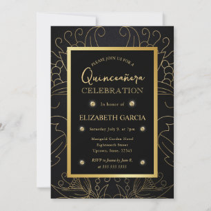 Convite Elegante Quinceanera Botânica Preta e Dourada