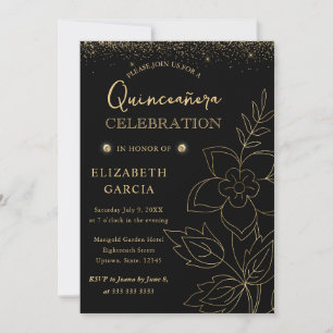 Convite Elegante Quinceanera Botânica Preta e Dourada