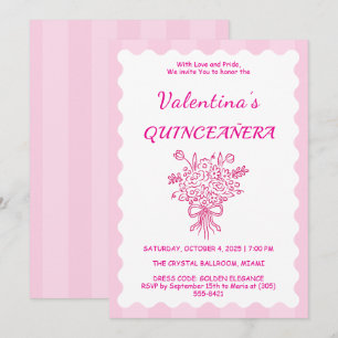 Convite Elegante Quinceañera Buquê Floral   Rosa e Branco