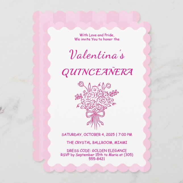 Convite Elegante Quinceañera Buquê Floral | Rosa e Branco (Frente/Verso)