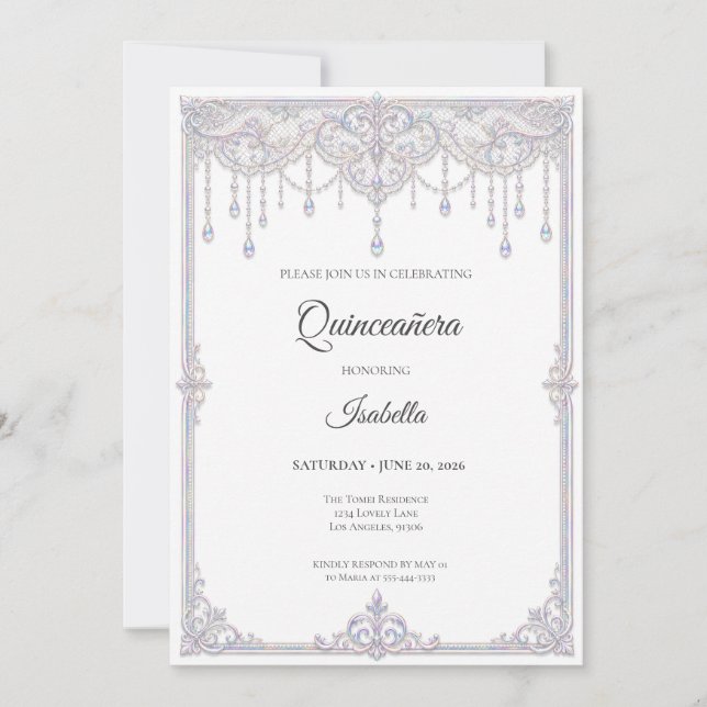 Convite Elegante Quinceañera com Renda Iridescente (Frente)