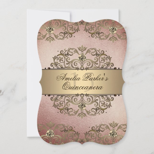 Convite Elegante Quinceanera Damask Vintage em Ouro Rosa (Frente)